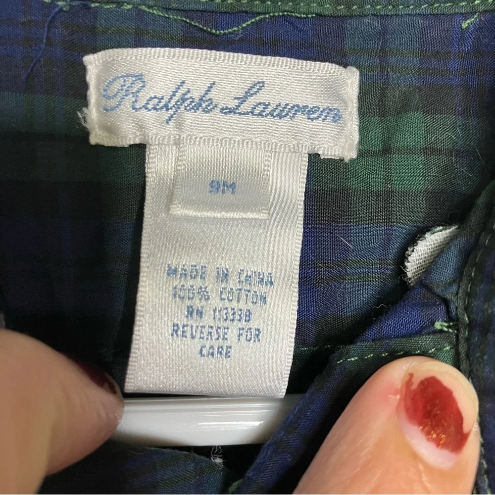 Ralph Lauren tartan plaid jumpsuit 100% cotton green‎ blue kids size 9 months